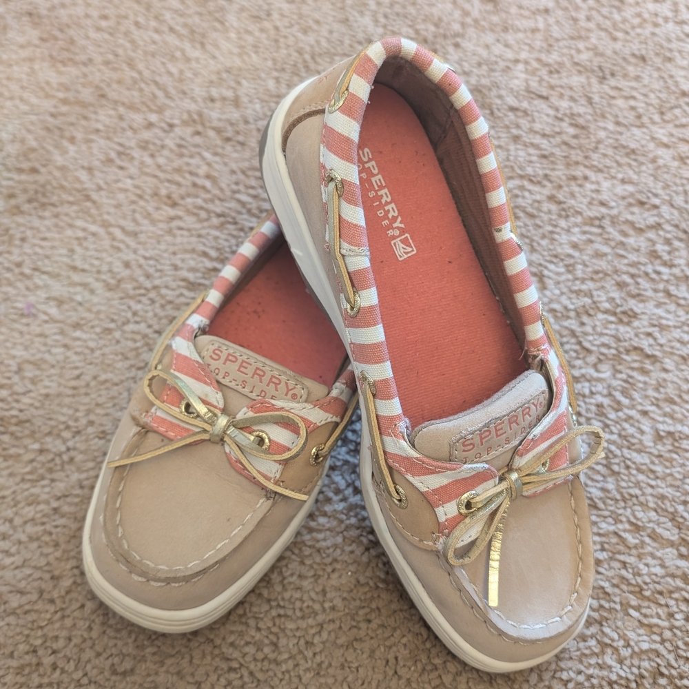 Sperry Kids' Moccasins in Tan and Pink Stripes